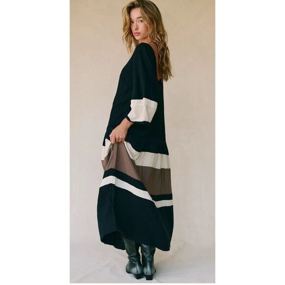 Free People Free-est Manda Black Combo Linen Blend Scoop Back Midi Dress XSmall - Picture 2 of 7